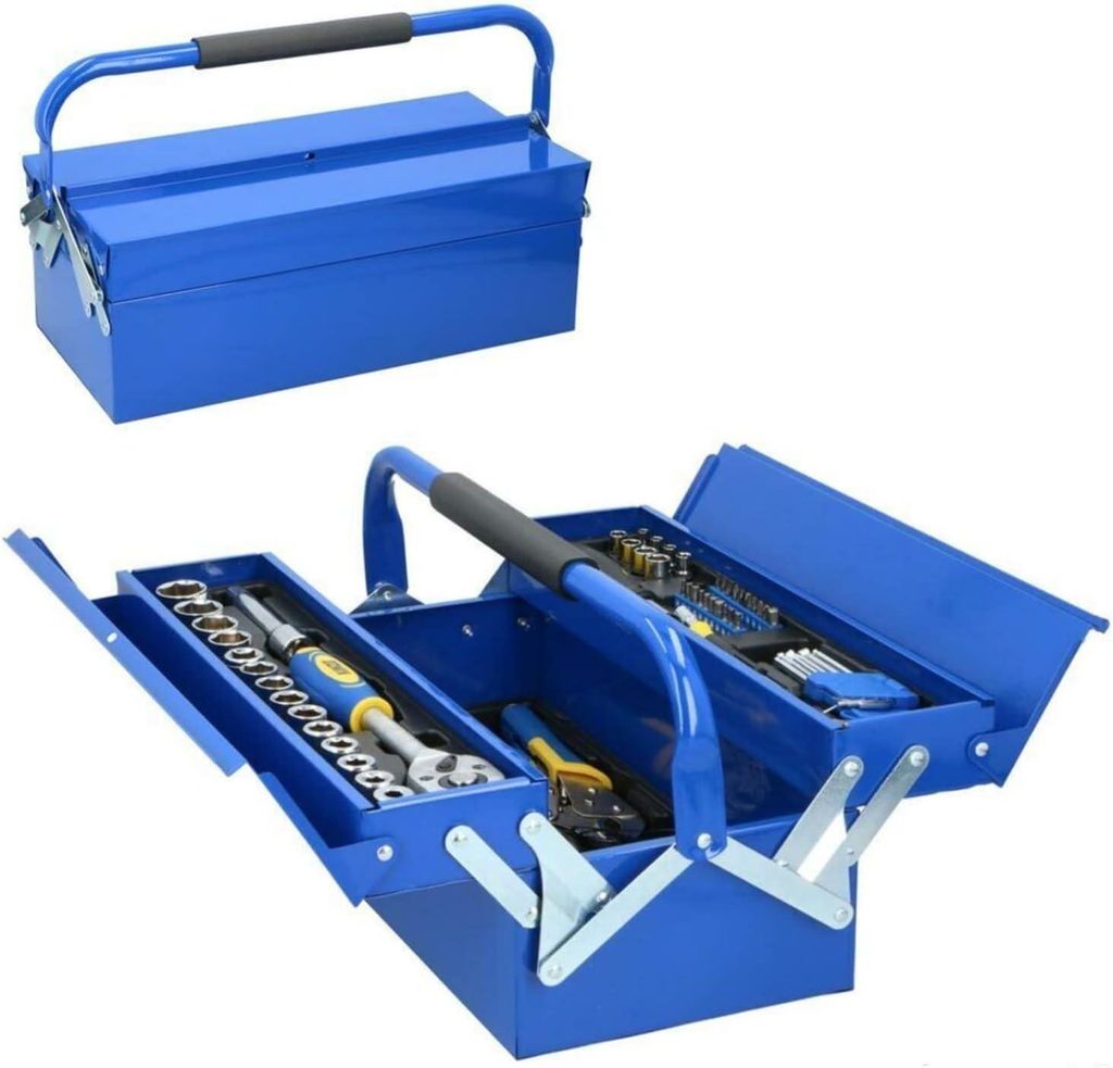 JUNG KINZO Werkzeugkoffer gefüllt 64 tlg, Werkzeug Set für den Haushalt, Werkzeugkasten Metall mit 4 Fächern, platzsparend, Werkzeugbox