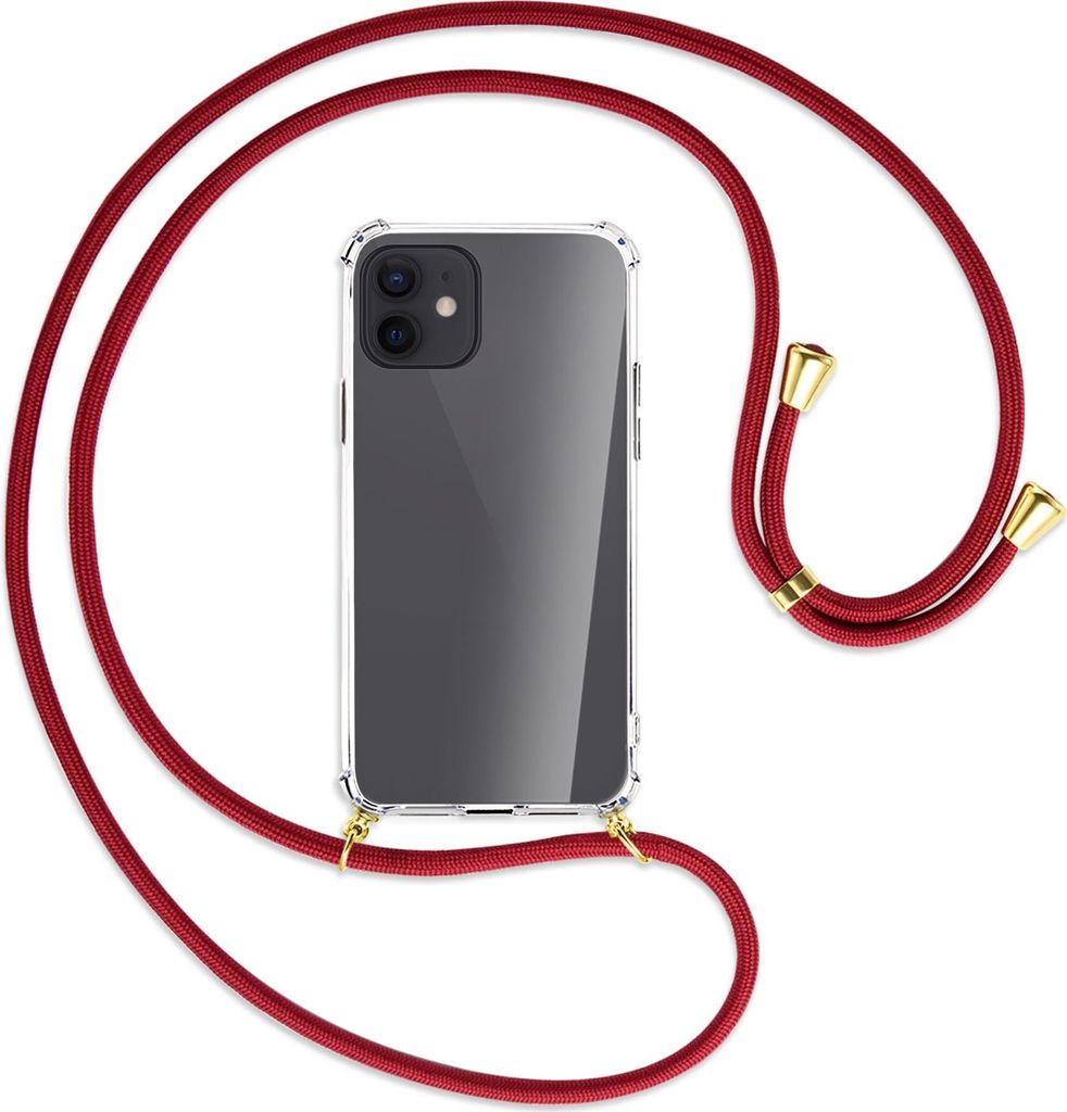 Handykette Backcover-Schutzhülle mit Band (Metall goldfarben) für Apple iPhone 12, 12 Pro - dunkelrot