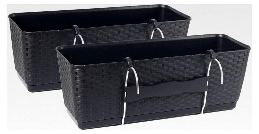 Blumenkästen für Balkon und Geländer, 2er-Set, Rattan-Optik, mit Bewässerungssystem, Anthrazit, 60 cm