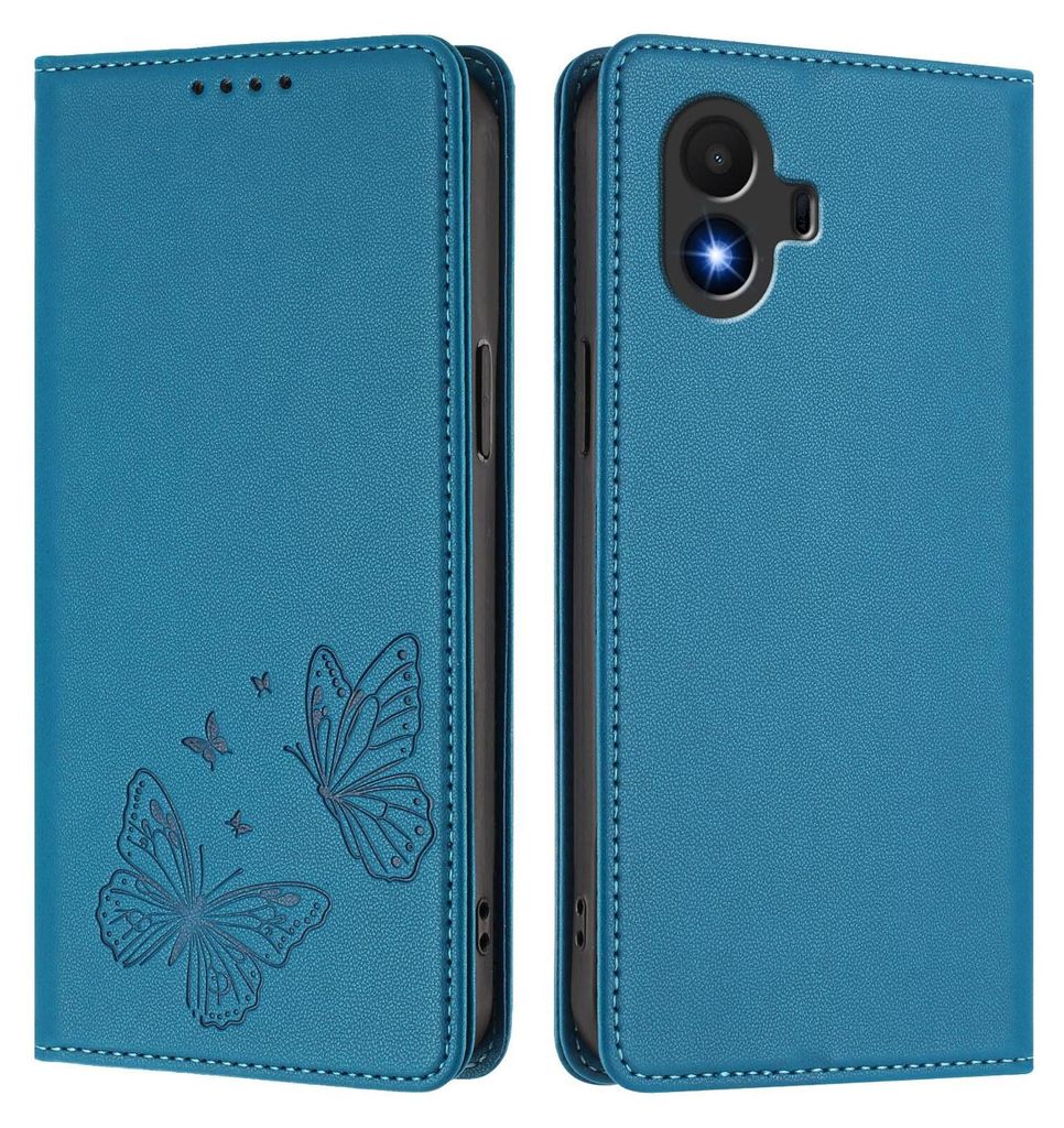 Lederhülle für TCL K70 SE, Schmetterling Prägung Leder Brieftasche Schutzhülle mit Ständer Blau