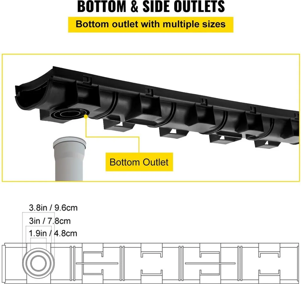 Sistema di drenaggio a fossa, canale di scolo con griglia in plastica, fossa di drenaggio in HDPE 145x79 mm, scarico per pavimento garage in plastica nera, griglia per fossa di drenaggio 3x39, con 3 tappi terminali, per giardino, vialetto - confezione da 3 - 5