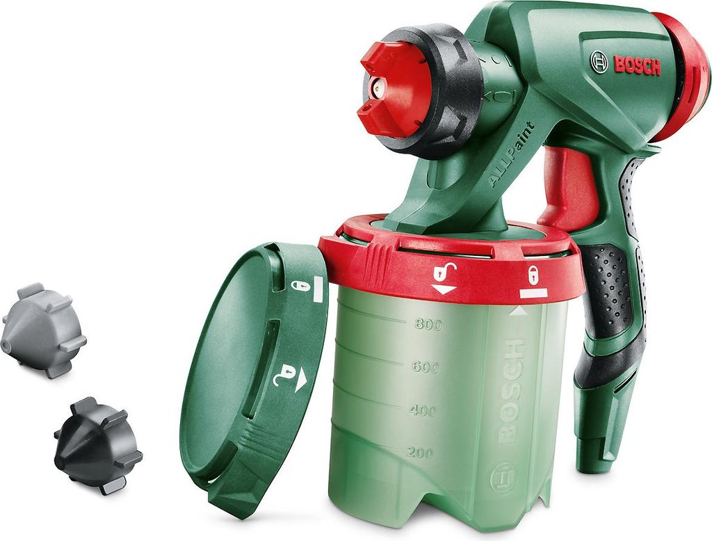 A Bosch paint sprayer with accessories is displayed against a white background.