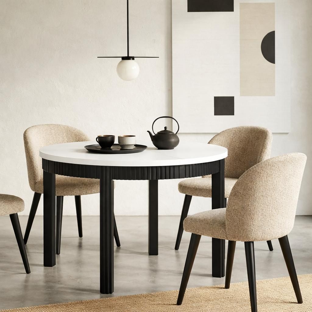 Runder Esstisch Ausziehbar RAVO – Beine aus Buchenholz geriffelt, Durchmesser: 90 / 140 cm, Farbe: Weiss /Schwarz