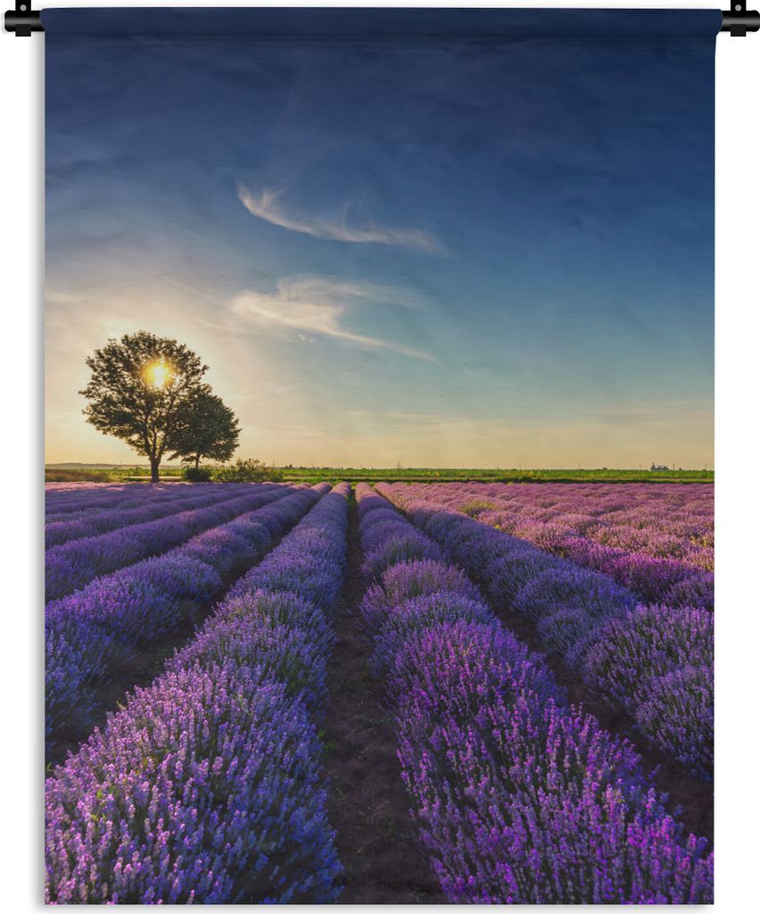 MuchoWow Wandteppich Wandbehang Lavendel - Sonne - Baum - Blumen - Lila 90x120 cm Tapisserie Dekoration Wandtuch - Wanddeko
