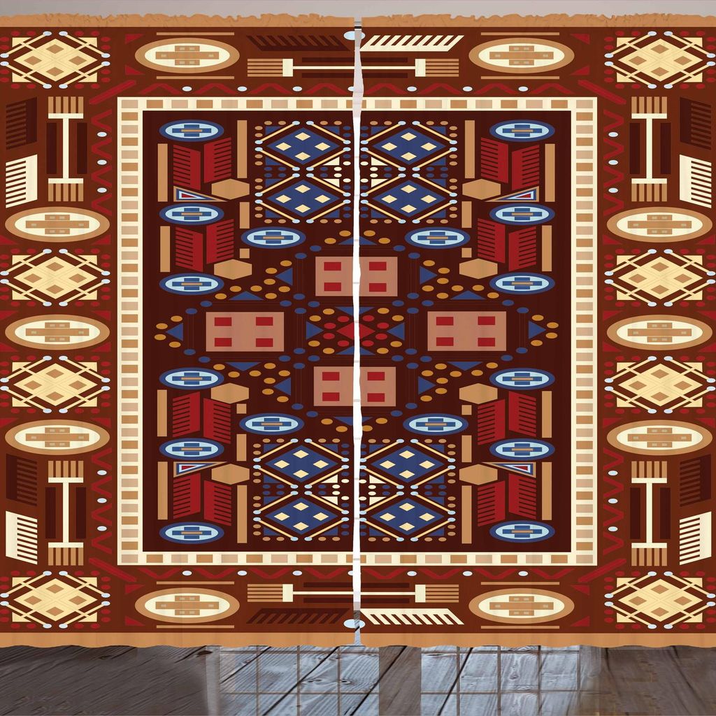 ARANDE afghanisch Gardine, Erdige getonte nahöstliche orientalische Folklore-Illustration von Form-Zusammensetzung, 280 x 225 cm, Mehrfarbig