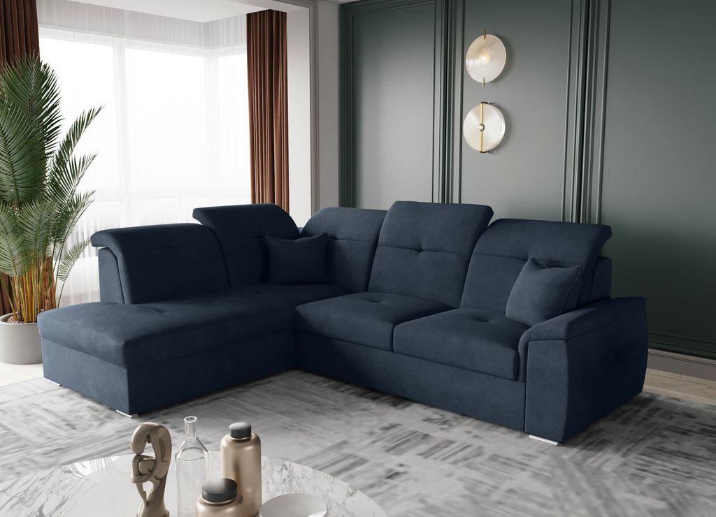 Kaiser Möbel Ecksofa mit schlaffunktion und bettkasten, Schlafsofa, Sofa L Form, Couch L Form BARON stoff Brooklyn Blau Links