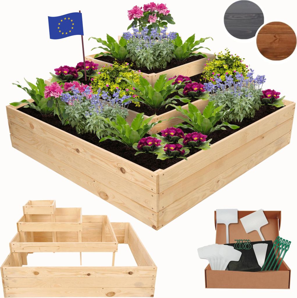 MODO24 Hochbeet Holz, Pflanzkasten, Massivholz, Kiefer, Kräuterbeet, Blumenkasten, Garten, Terrasse, 54x119x119 cm, Natur imprägniert, ZP08