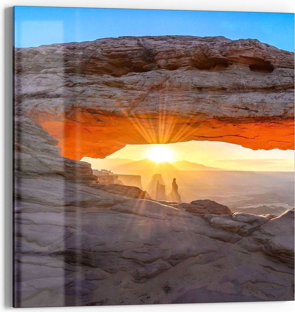 DEQORI Glasbild Echtglas 30x30 cm 'Felsbogen im Morgenlicht' Wandbild Bild modern Deko