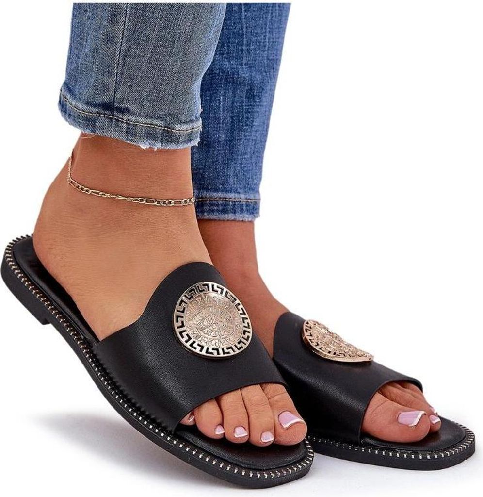 Eko Leder Slipper Mit Flachem Absatz Und Dekoration Schwarz Tatereia 37