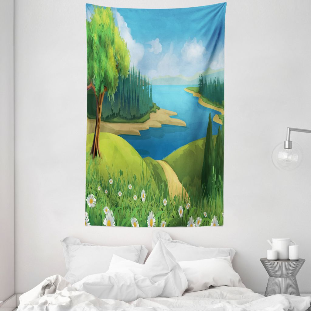ABAKUHAUS Gras Wandteppich und Tagesdecke, Cartoon-Landschaft Muster aus Weiches Mikrofaser Stoff Waschbar ohne Verblassen Digitaldruck, 140 x 230 ...