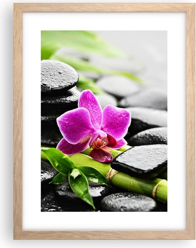 Gerahmtes Poster - Rahmen in heller Eiche - Pflanze Steine Bambus Spa - 30x40 cm - Wand Bild - Wanddeko - Wandbilder - Wandposter - Bilderrahmen - ...