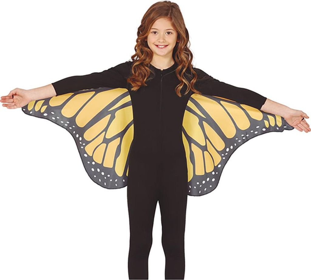 A young girl wearing a black bodysuit with butterfly wings attached.