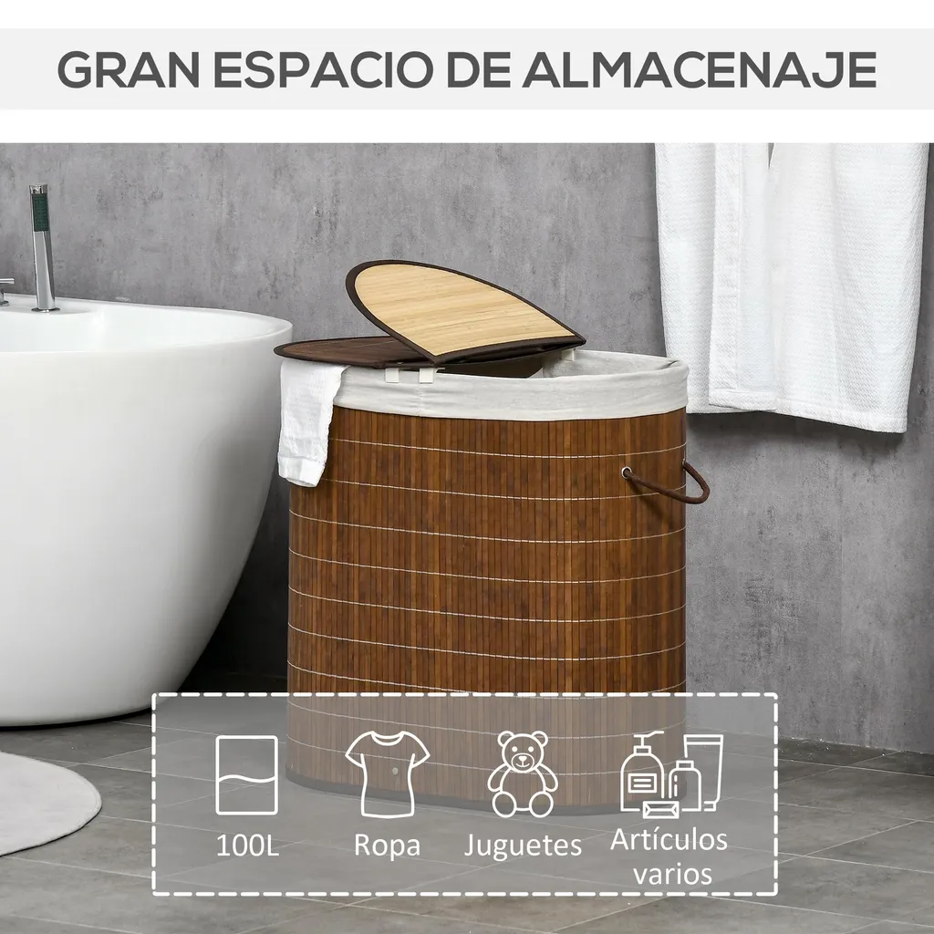 Panier à linge double compartiment 100L marron 62,5x37x60,5 cm robuste - 4