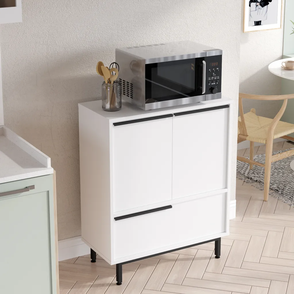 Petite commode blanche 91 cm avec étagères Buffet bas compact Vesanto