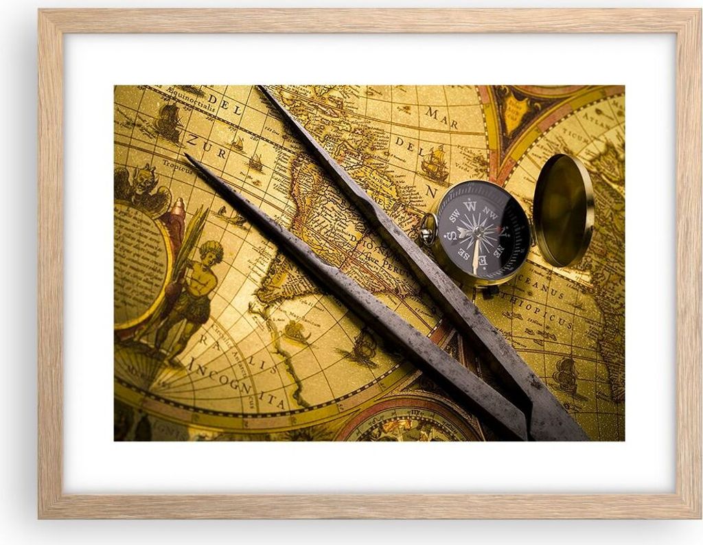 Gerahmtes Poster - Rahmen in heller Eiche - Kompass Abenteuer Reisen - 40x30 cm - Wand Bild - Wanddeko - Wandbilder - Wandposter - Bilderrahmen - B...