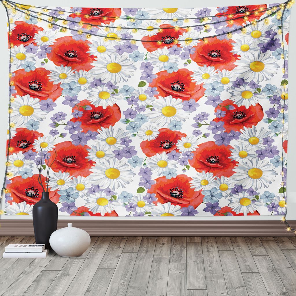 ABAKUHAUS Bunt Wandteppich, Poppy und Daisy Blume, Wohnzimmer Schlafzimmer Wandtuch Seidiges Satin Wandteppich, 150 x 100 cm, Lavendel Scarlet