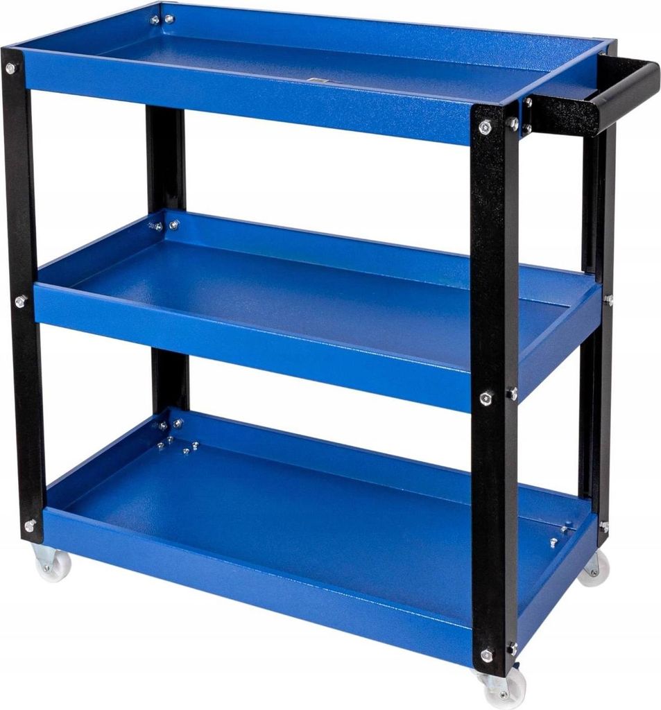 A blue three-tier rolling tool cart with a black frame and handle is shown against a white background.