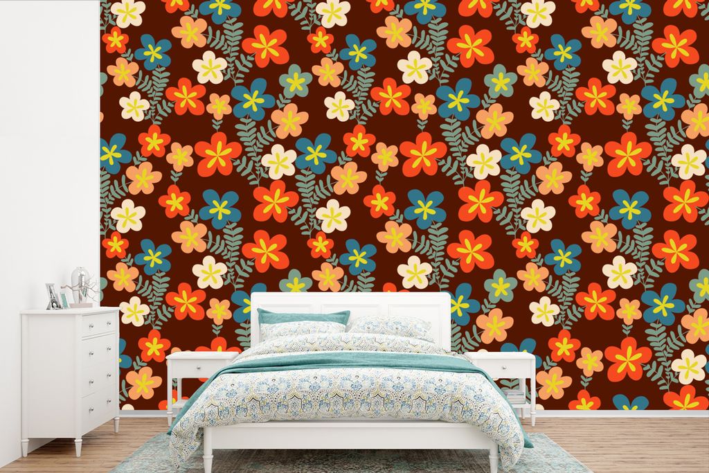MuchoWow Fototapete für Wohnzimmer oder Schlafzimmer Wandtapete Vinyl Motivtapete Retro - Muster - Blumen - 1970er Jahre - 330x220 cm - Fototapeten