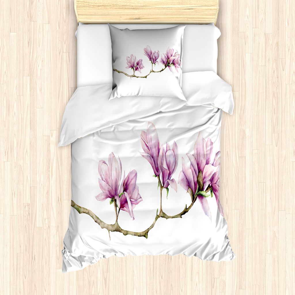 ABAKUHAUS Blumen Bettbezug Set für Einzelbetten, Magnolia auf einem Zweig, Milbensicher Allergiker geeignet mit Kissenbezug, 135 cm x 200 cm - 80 ...