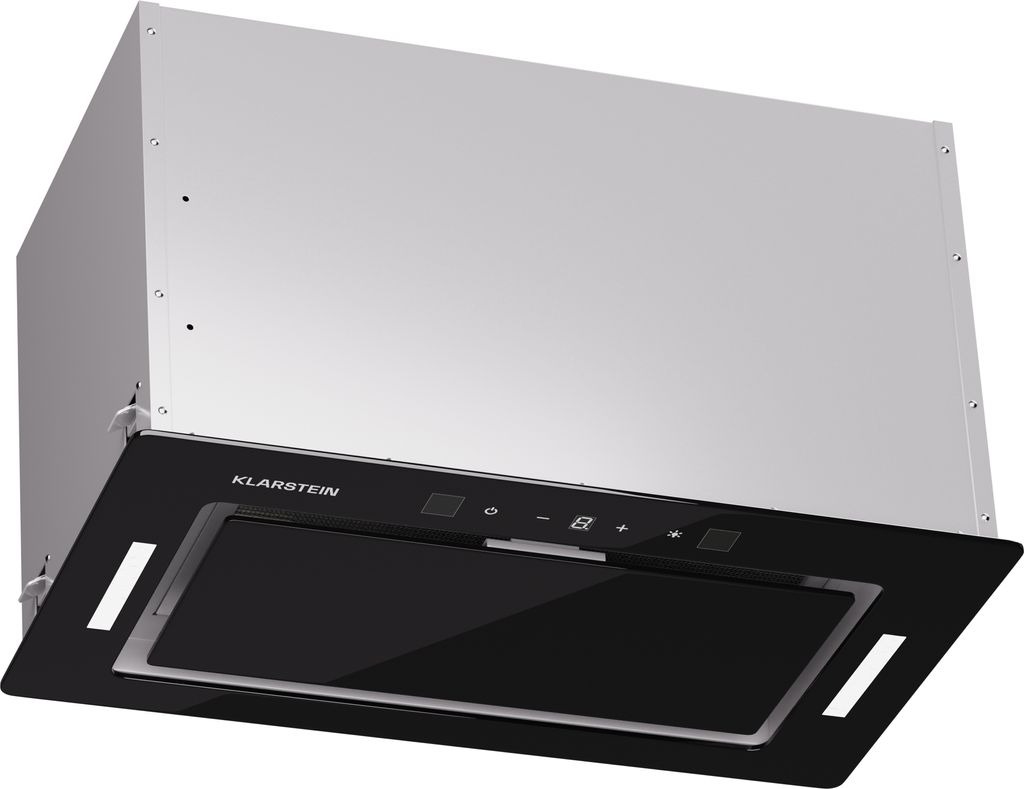 A close-up, angled shot of a modern range hood integrated into cabinetry.