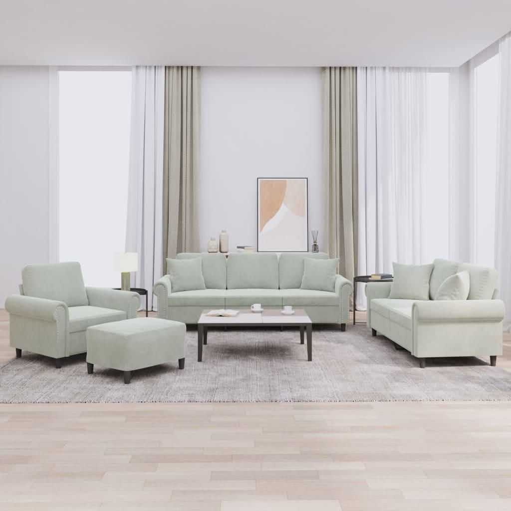 set divano 4 pezzi con cuscini in velluto grigio chiaro Immagine del prodotto 