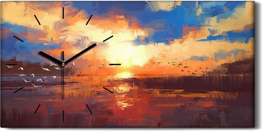 Wanduhr Uhr Wandbild Leinwand Geräuschlos 60x30 Wasser Vögel Himmel Gras See - schwarze Hände