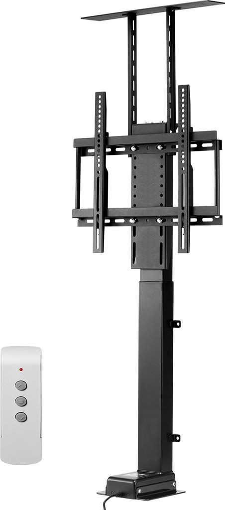 A black electric TV lift stand with a white remote control on a white background.