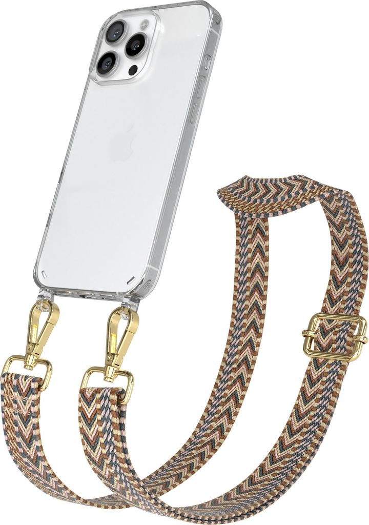 Apple iPhone 16 Pro Max Chain Eyelets Slim Neck Strap Set Zig Zag light Brown - Brown 2 Metall Gold