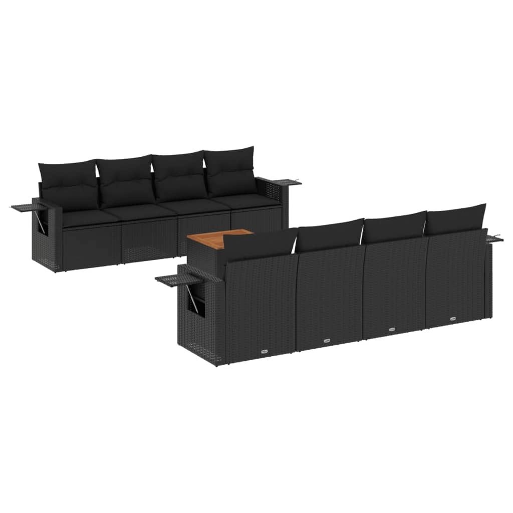 vidaXL 9-tlg. Garten-Sofagarnitur mit Kissen Schwarz Poly Rattan