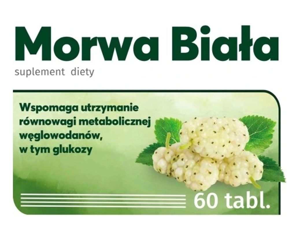 A product image for a dietary supplement featuring white mulberries and text describing its benefits.