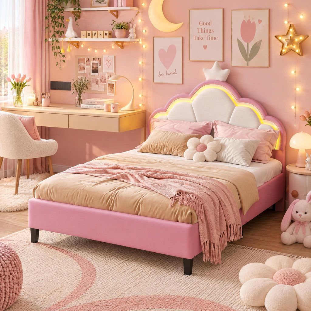 LED-bed 90x200, een enkelbed voor meisjes, met een bedframe Productafbeelding 