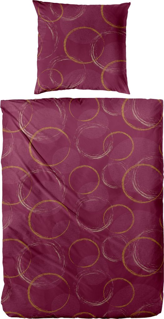 Primera Mako-Satin Bettwäsche 135x200 Kreise Ringe beere rot gold 243239-022