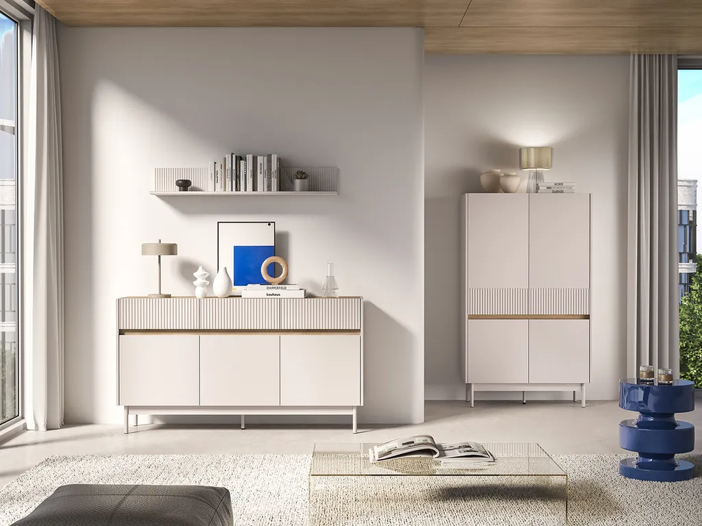 Commode THEA chêne et cachemire : meuble de rangement robuste 120cm