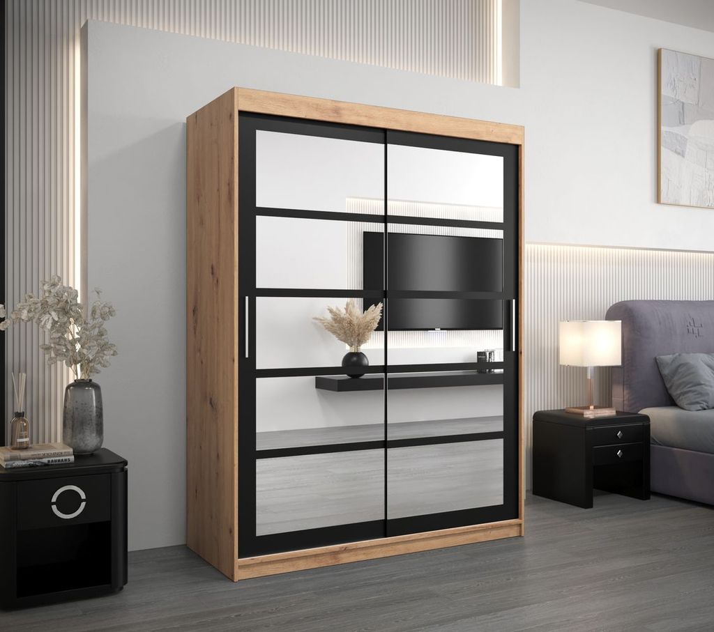 Kleiderschrank mit Spiegeln KARLA – Breite 150 cm, Eiche handwerklich / schwarz