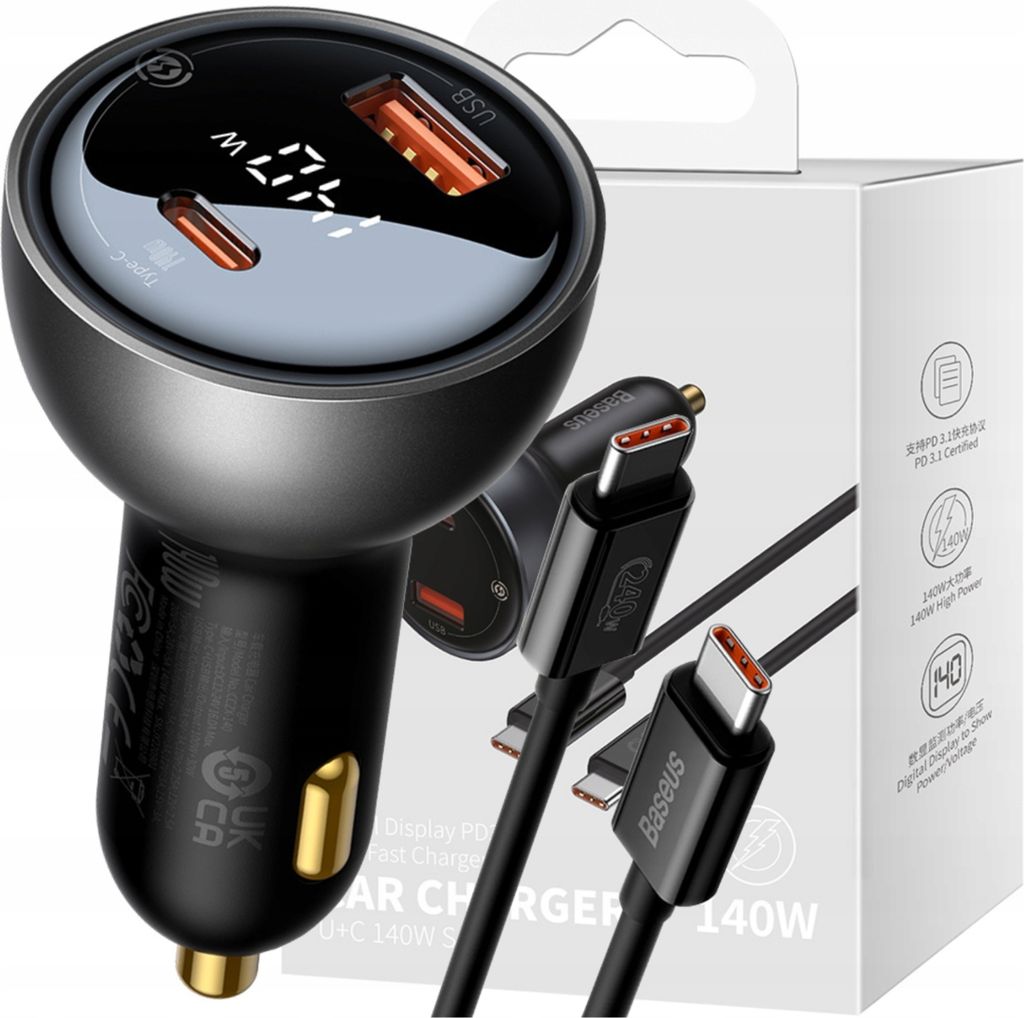Baseus Rýchla USB/Usbc Pd nabíjačka do auta 140W+USbc 5A Obrázok produktu 