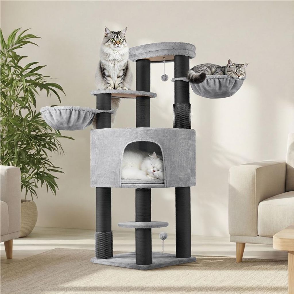 Yaheetech Großer Kratzbaum 160 cm H, mit 11 cm dicken Sisalstämmen, großen Plattformen & Katzenhöhlen, 2 Katzenbürsten & Decken, Hellgrau &...