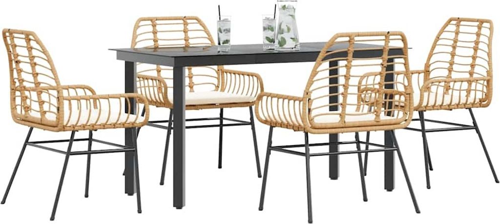 Design New Gartenmöbel Set Balkonmöbel-Set 5-tlg. Garten-Essgruppe mit Kissen Braun Poly Rattan Glas - Gartenmöbelgarnituren Möbel2025 CHY84805...
