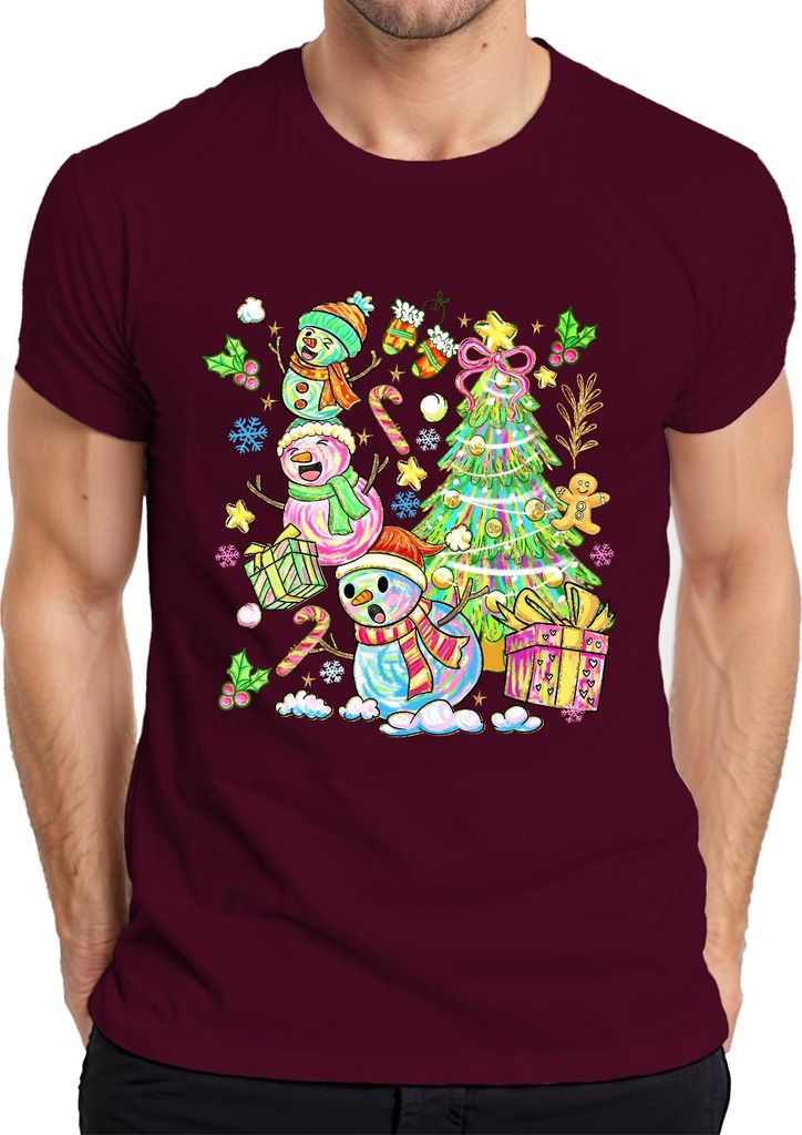 Weihnachten Schneemann Tannenbaum Zuckerstange Lebkuchen bunt Herren T-Shirt, Burgundy, XXL