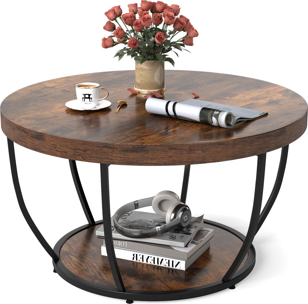 COSTWAY 2-stöckiger runder Couchtisch, robuster Tee-/Kaffeetisch mit 80 cm Durchmesser & Metallrahmen, Akzenttisch für Zuhause mit Tischplatte