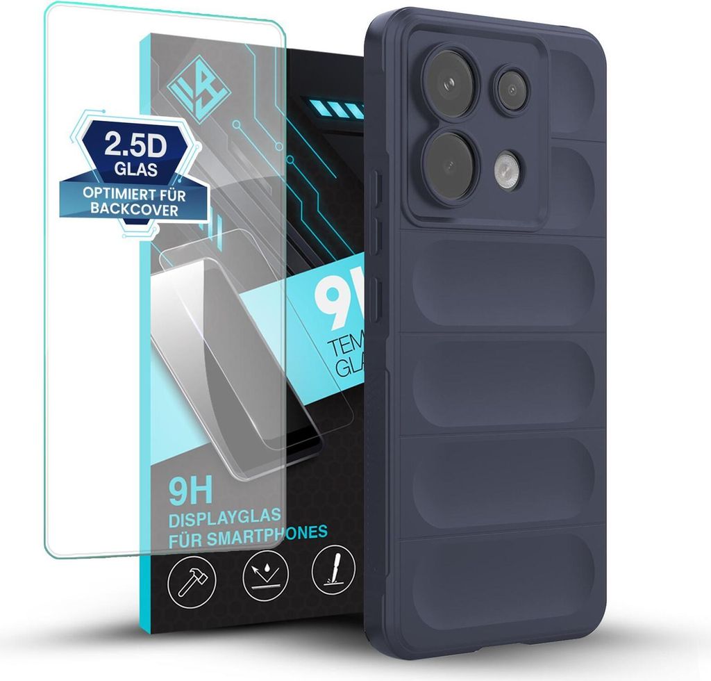 Handy Hülle für Xiaomi Redmi Note 13 Pro 5G mit 9H Displayglas Displayschutz Plus Grip Case Cover Schutzhülle Softgrip Farbe: Dunkelblau