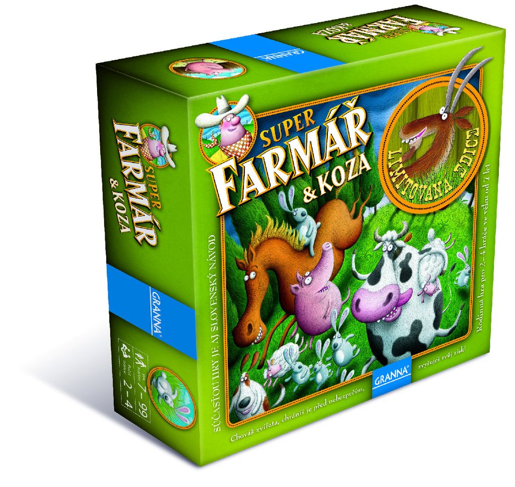 A game box for 'Superfarmář & Koza' with cartoon farm animals.