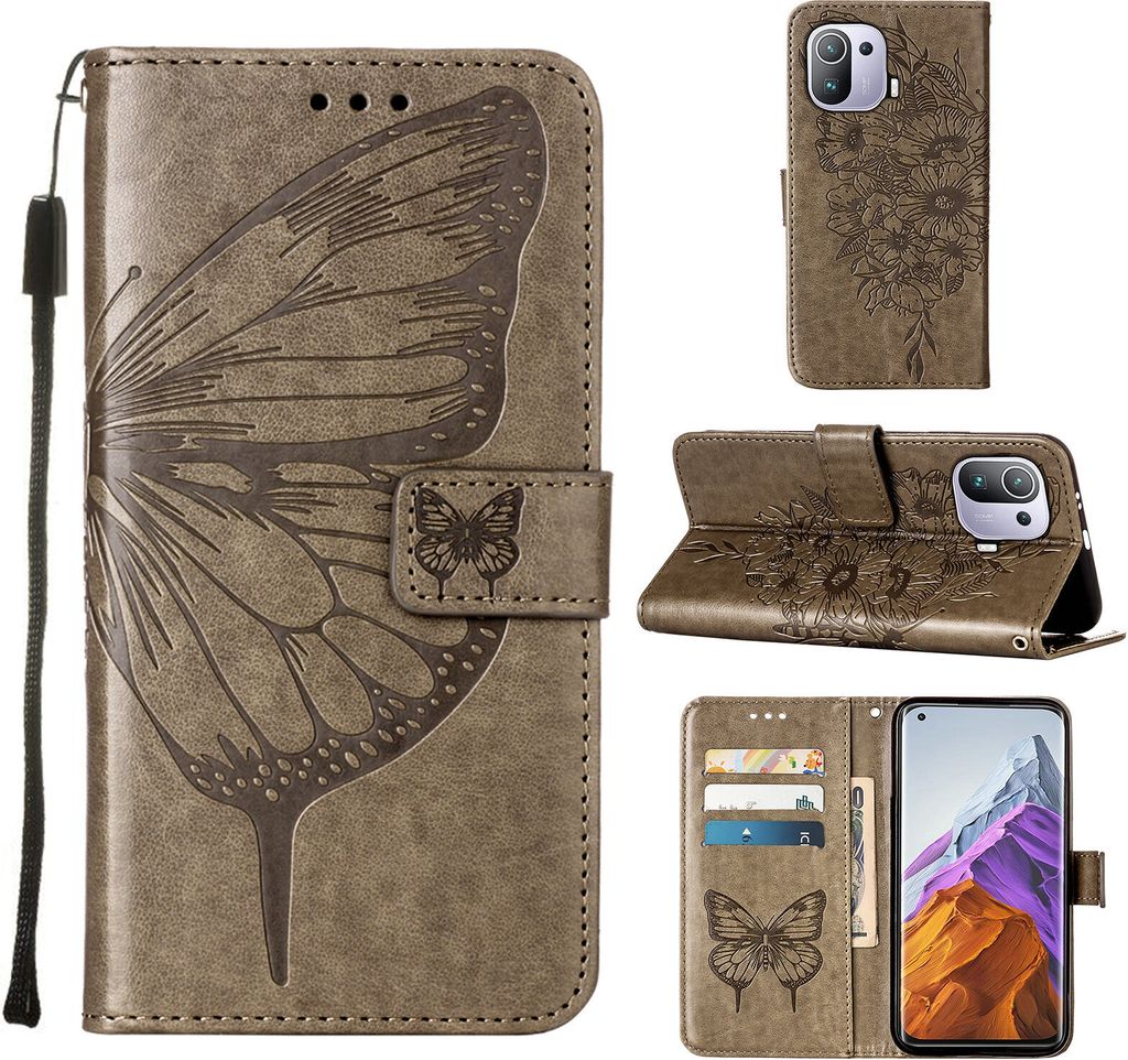 Xiaomi Mi 11 Pro Hülle, Schmetterling Prägung Flip Leder Kartenfächer Schutzhülle Ledertasche mit Ständer für Xiaomi Mi 11 Pro Grau