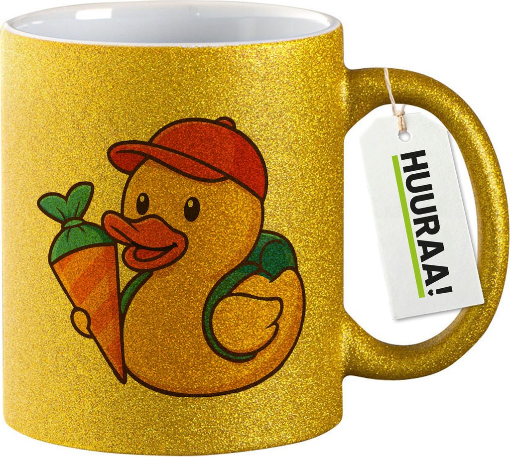 Huuraa Glitzer Kaffeetasse Quietscheente Einschulung Gummiente Schulanfang Geschenk 330ml Gold Quietscheente Einschulung Geschenkidee
