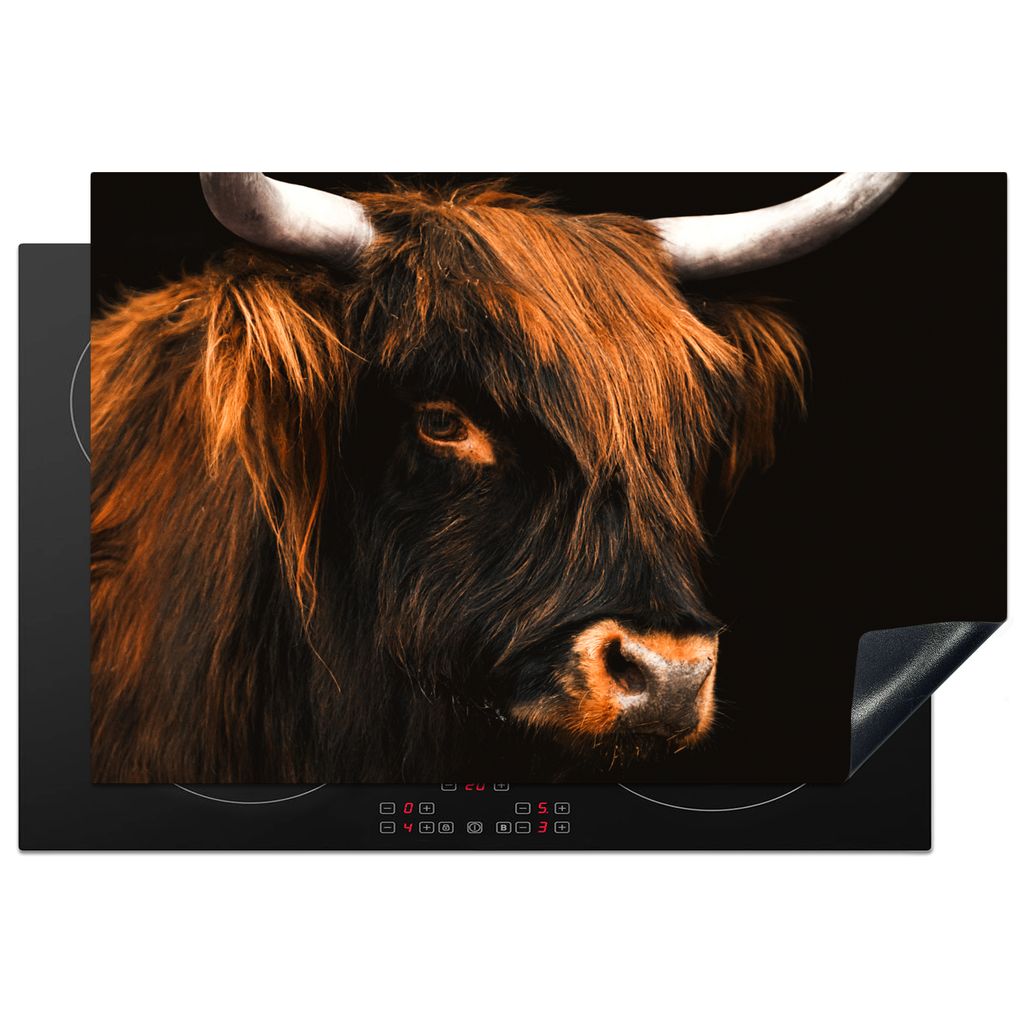 KitchenYeah Herdabdeckplatte Schottischer Highlander - Schwarz - Fell , 78x52cm, Küche Deko, Glaskeramikkochfeld Herdabdeckung, Abdeckplatte fù...