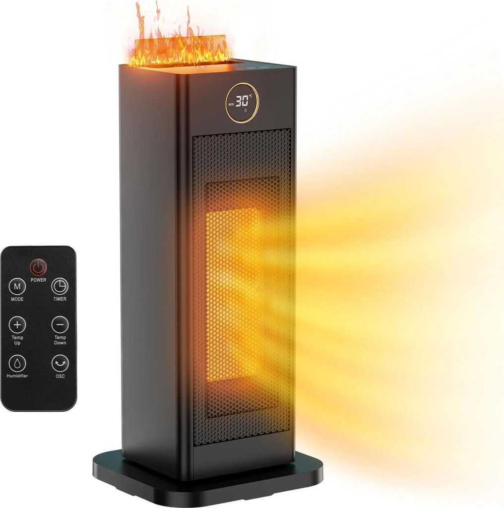 Energiesparender Keramik-Heizlüfter - 2000 W, Höhe 40,5 cm - Fernbedienung - Timer 1–12 Std. - Mit Luftbefeuchter - Armeegrün