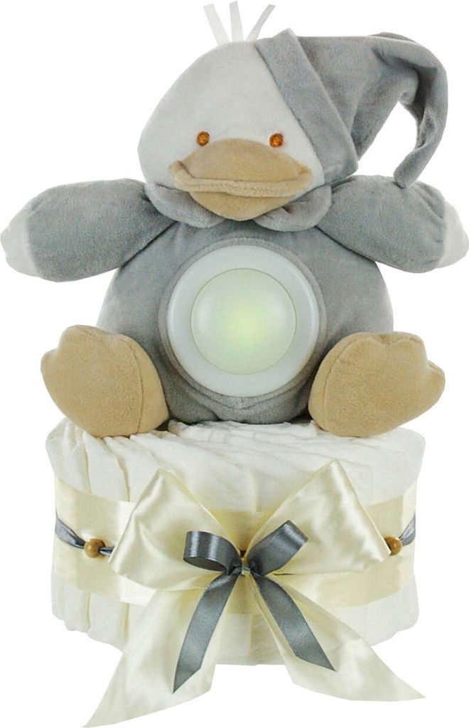 Windeltorte neutral | Baby Kuscheltier Ente mit LED-Nachtlicht 35cm