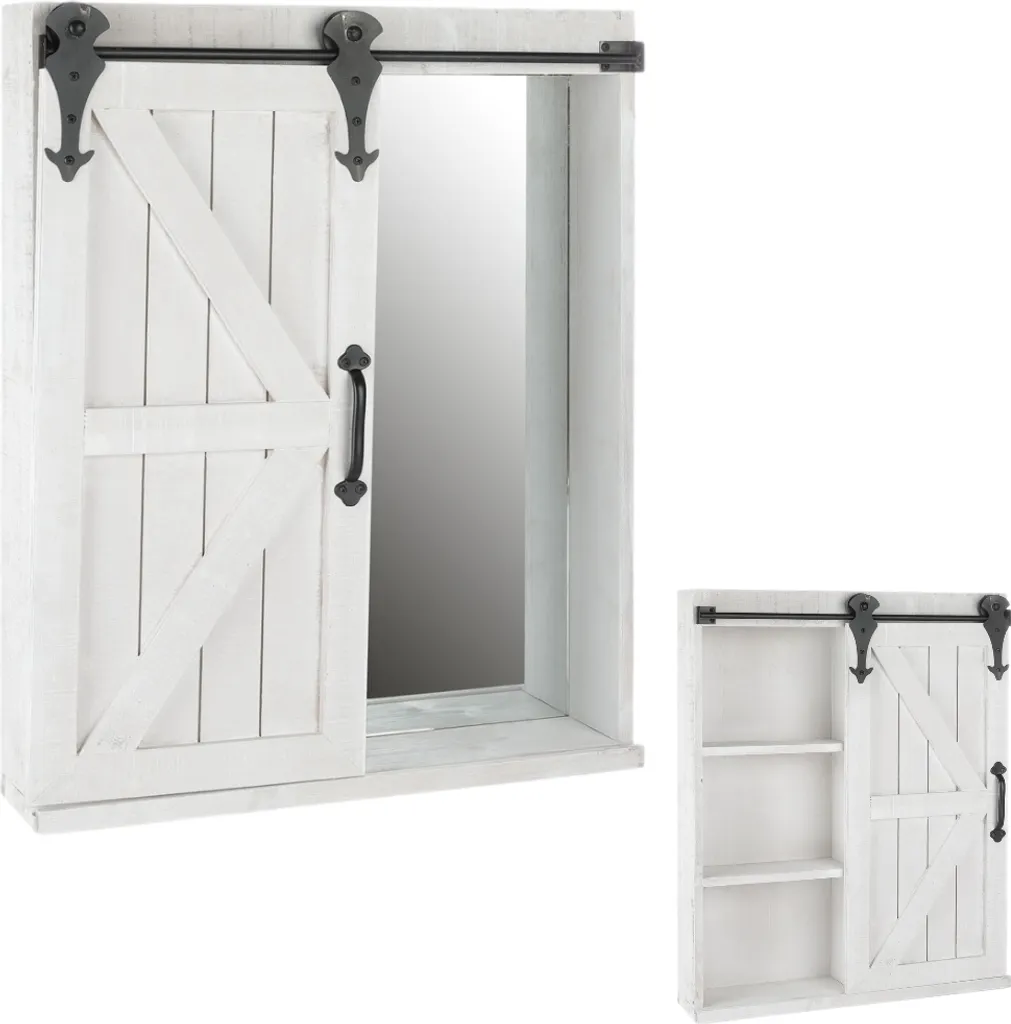 Scaffale a muro vintage con porta scorrevole e specchio bianco bagno