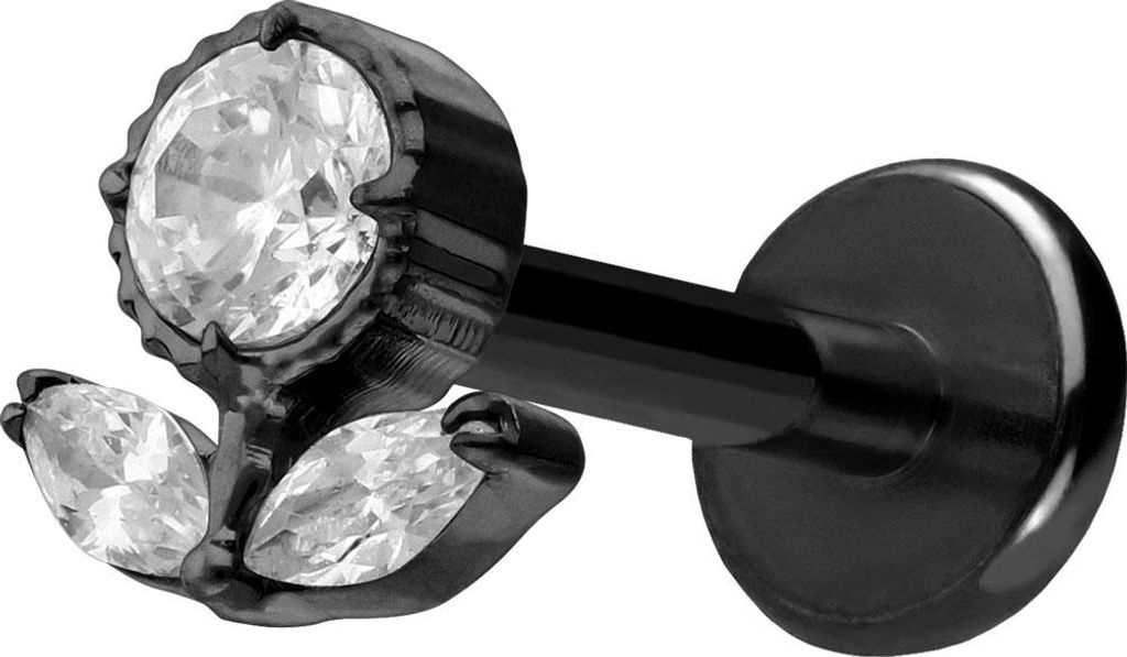 Ohrpiercing, Nasenpiercing Titan Labret mit Push Fit KRISTALLBLUME Schwarz Stablänge: 9mm | Stabstärke: 1,2mm