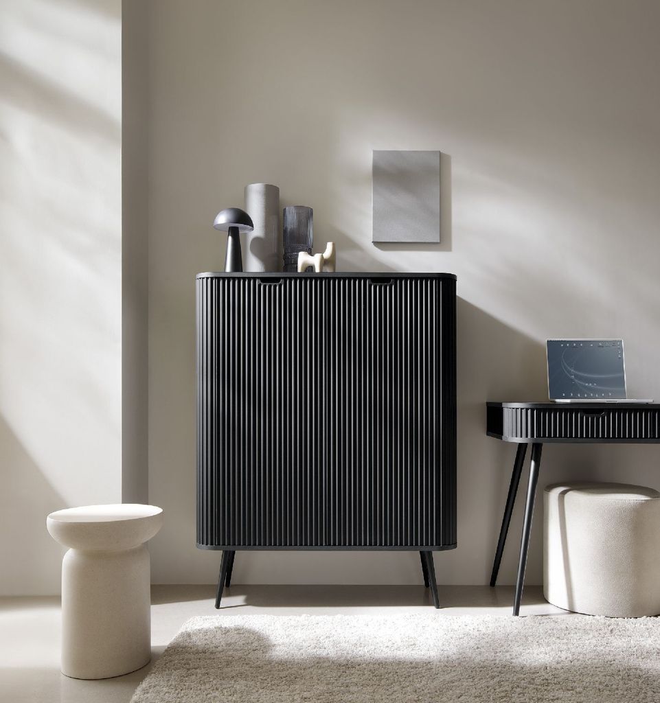Kommode ZOVA K103 cm mit runden Ecken mit geriffelte Fronte mit 2 Türen Sideboard Schwarz