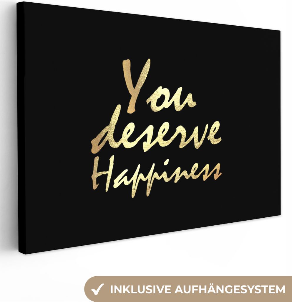 OneMillionCanvasses - Leinwandbilder - 150x100 cm, Zitate - Glücklich - Gold - Schwarz, Wandbilder Kunstdruck Wanddekoration